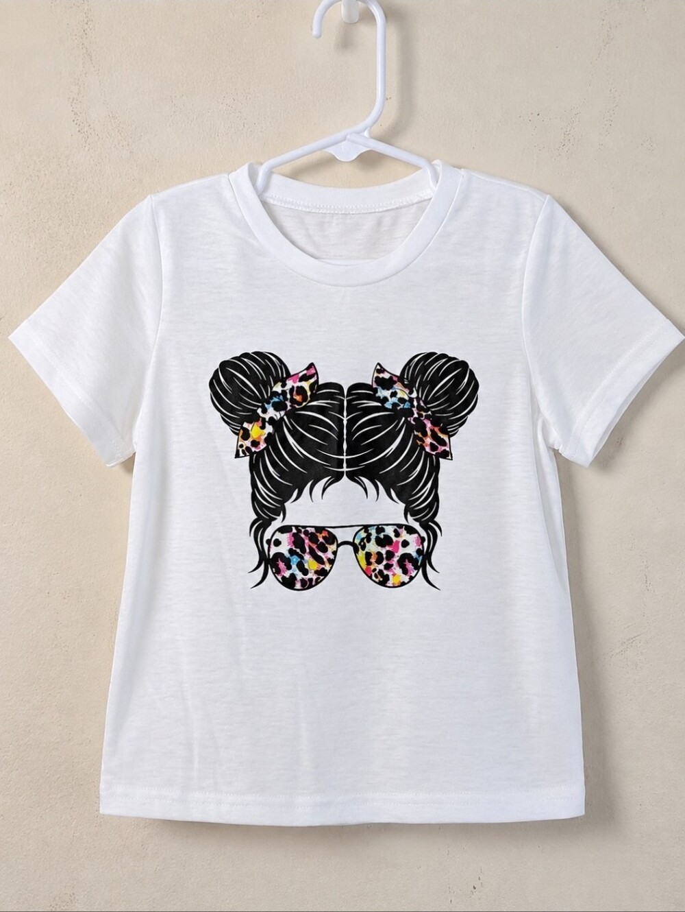 Girls Graphic T-Shirt 4-5Y US UK White Leopard Sunglasses Hair Print Casual Tee